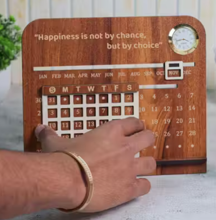 Lifetime Wooden Adjustable Calendar | Home-Desk, Office-Desk decor | Mark Important Dates and Days |Inspirational Quote Design with a Built-in clock