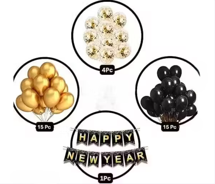 Happy New Year 2026 Decoration Kit - 1pc Happy New Year Banner, 30pc Black & Gold, 4 Gold Confetti Balloons | New Year Decoration