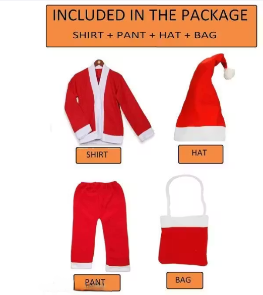 Premium Christmas Santa Dress for Cute Kids | 1 Jacket, 1 Pajama,1 Cap, 1 Pouch | Available for varied Ages(0 Months-6 Years)