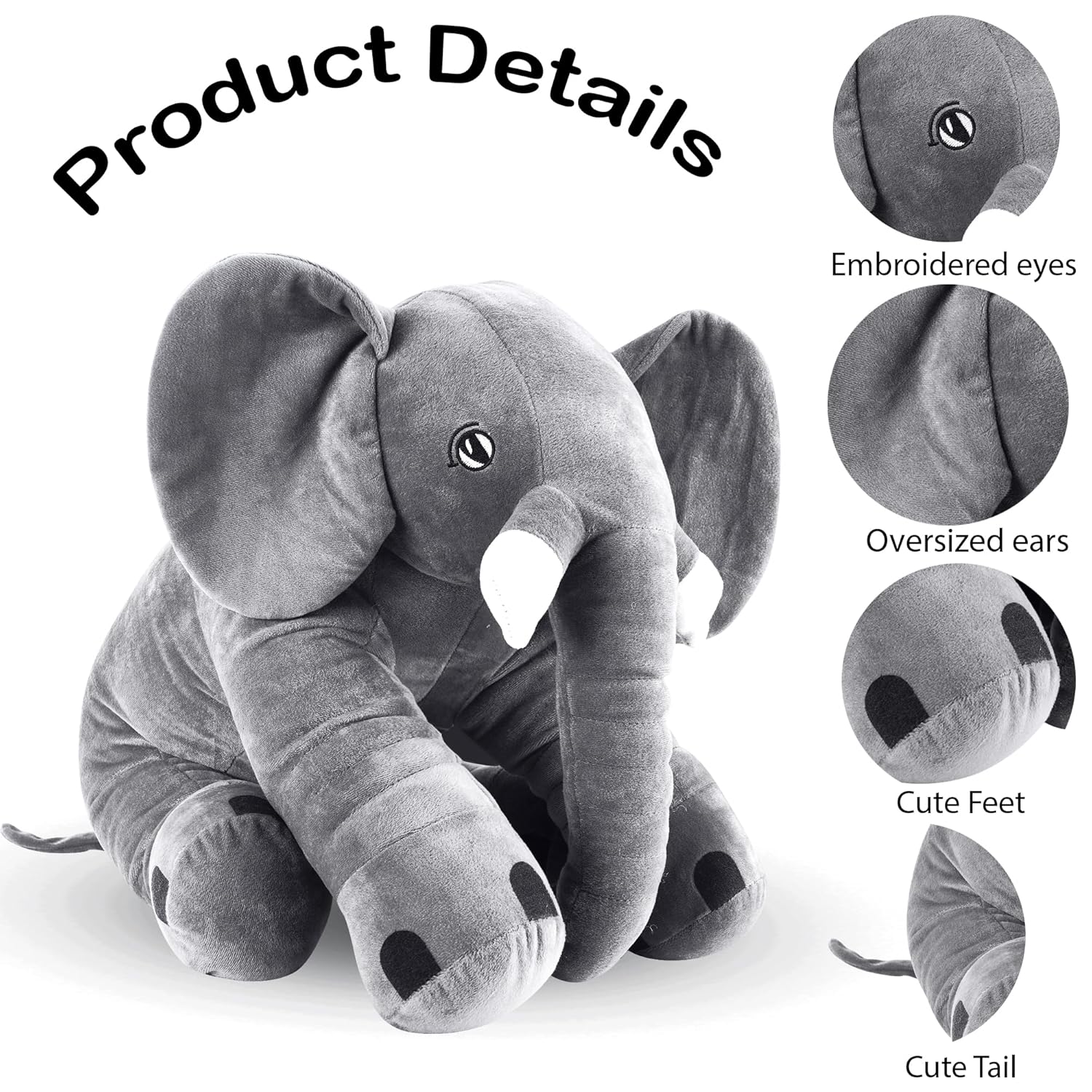 Elephant Soft Toy | Big Size Fibre Filled Stuffed Animal | Plush Hugging Soft Toy for Kids boy,Girl Birthday Gift (60 cm, Grey Color, 1 Year Above)