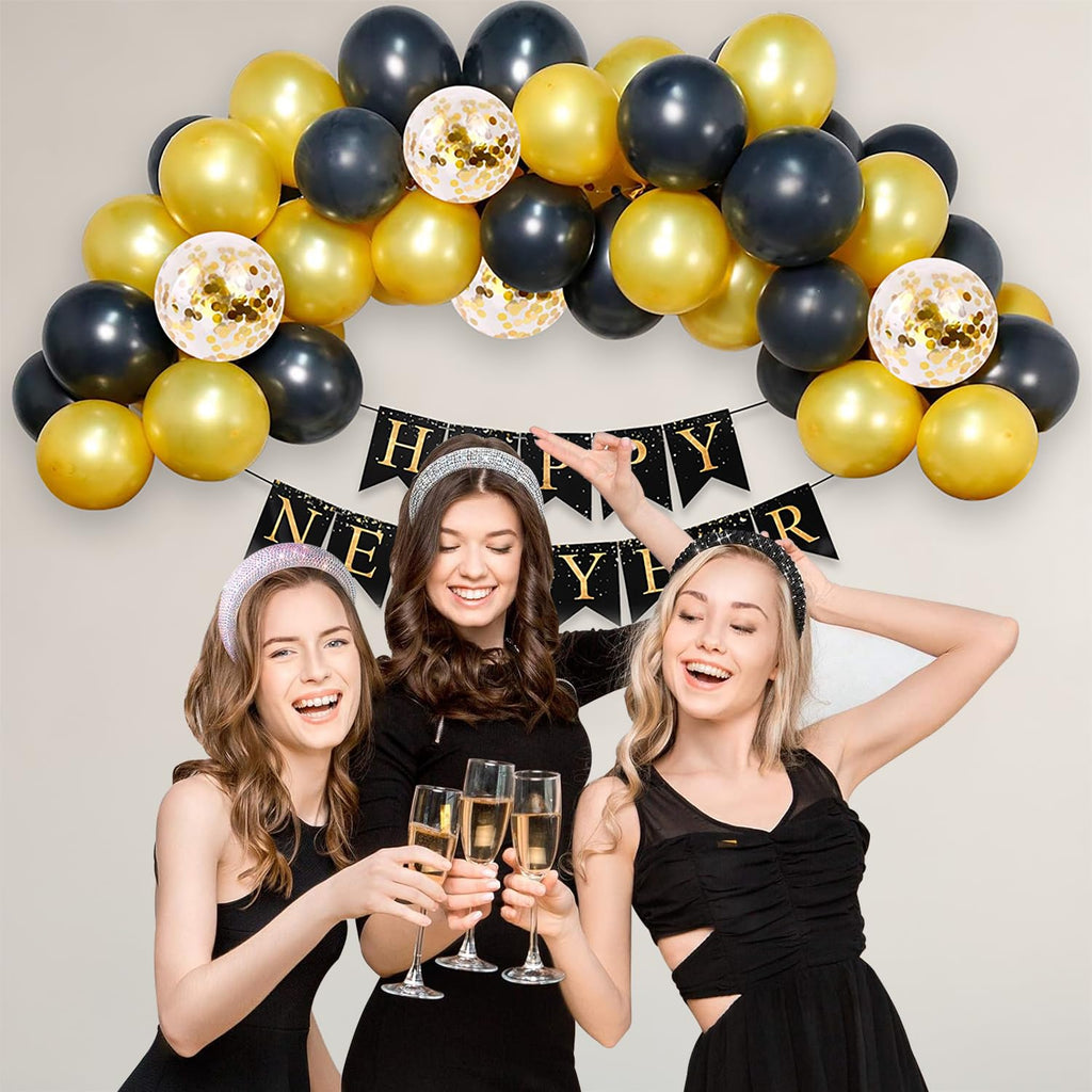 Happy New Year 2026 Decoration Kit - 1pc Happy New Year Banner, 30pc Black & Gold, 4 Gold Confetti Balloons | New Year Decoration