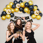 Happy New Year 2026 Decoration Kit - 1pc Happy New Year Banner, 30pc Black & Gold, 4 Gold Confetti Balloons | New Year Decoration