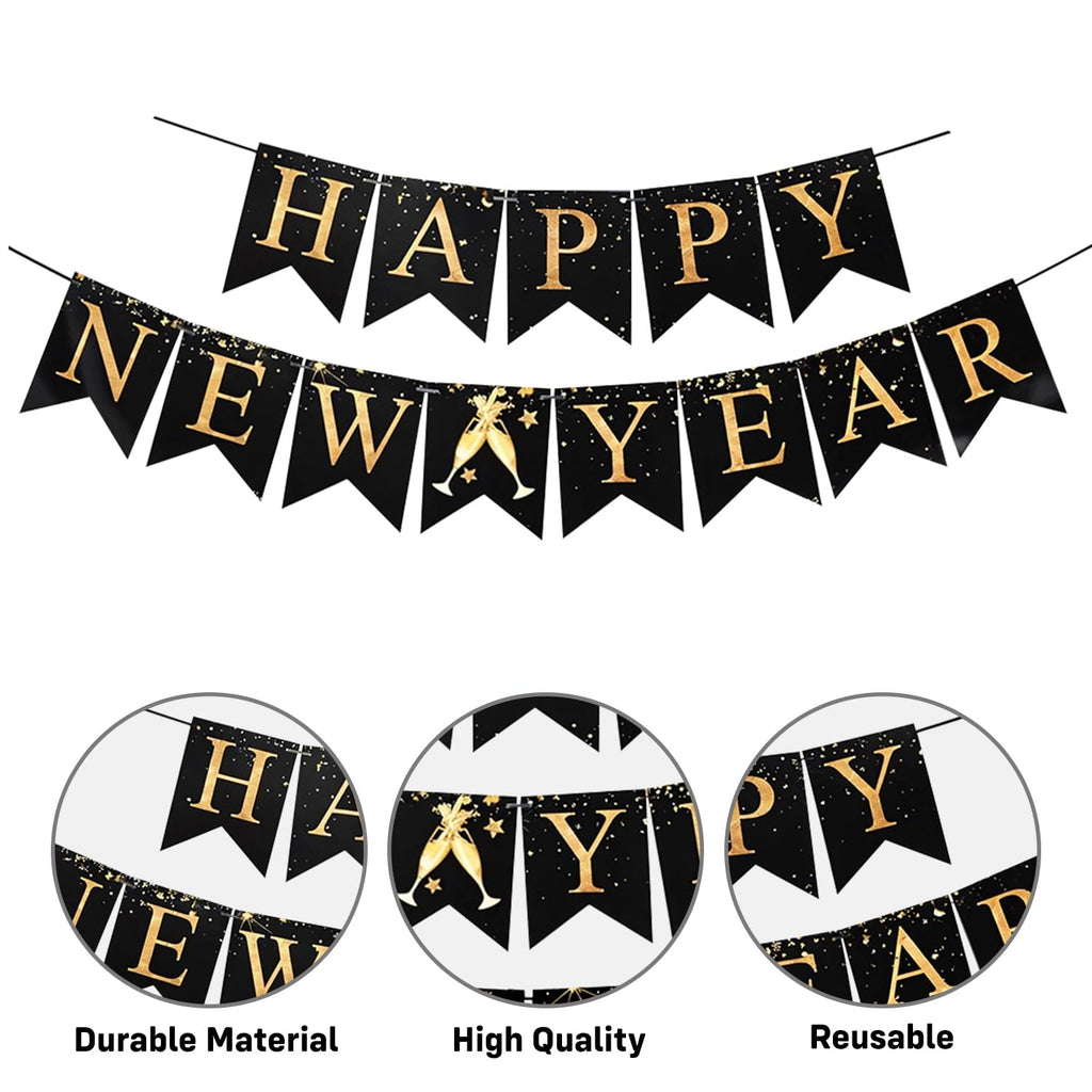 Happy New Year 2026 Decoration Kit - 1pc Happy New Year Banner, 30pc Black & Gold, 4 Gold Confetti Balloons | New Year Decoration