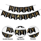Happy New Year 2026 Decoration Kit - 1pc Happy New Year Banner, 30pc Black & Gold, 4 Gold Confetti Balloons | New Year Decoration