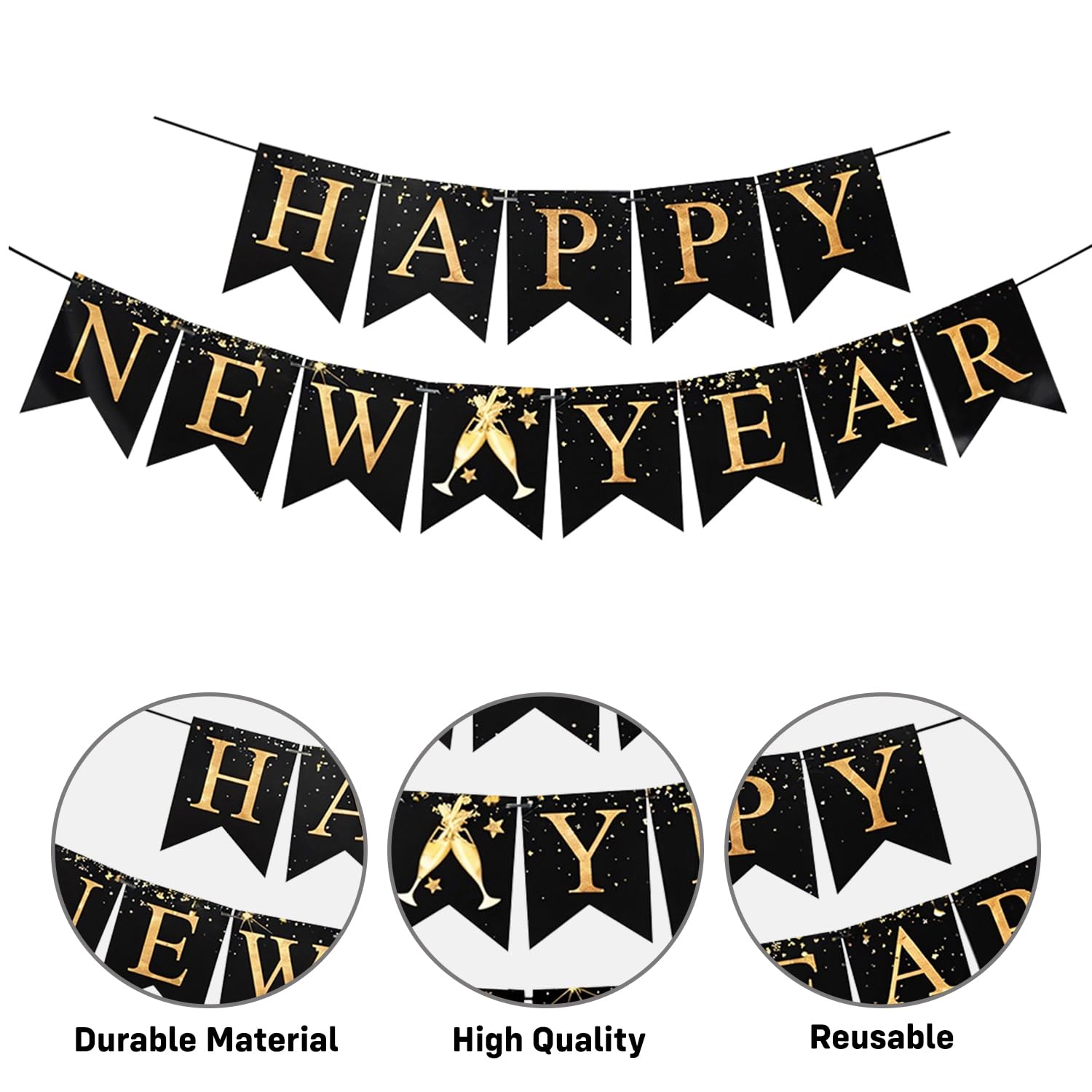Happy New Year 2026 Decoration Kit - 1pc Happy New Year Banner, 30pc Black & Gold, 4 Gold Confetti Balloons | New Year Decoration
