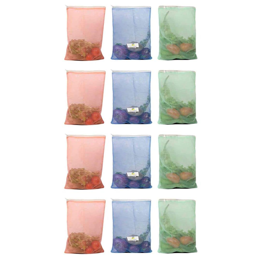 Set of 12 | Mesh Fridge Storage Zipper Bags | Reusable For Fruits And Vegetables | (Multicolour, Standard)