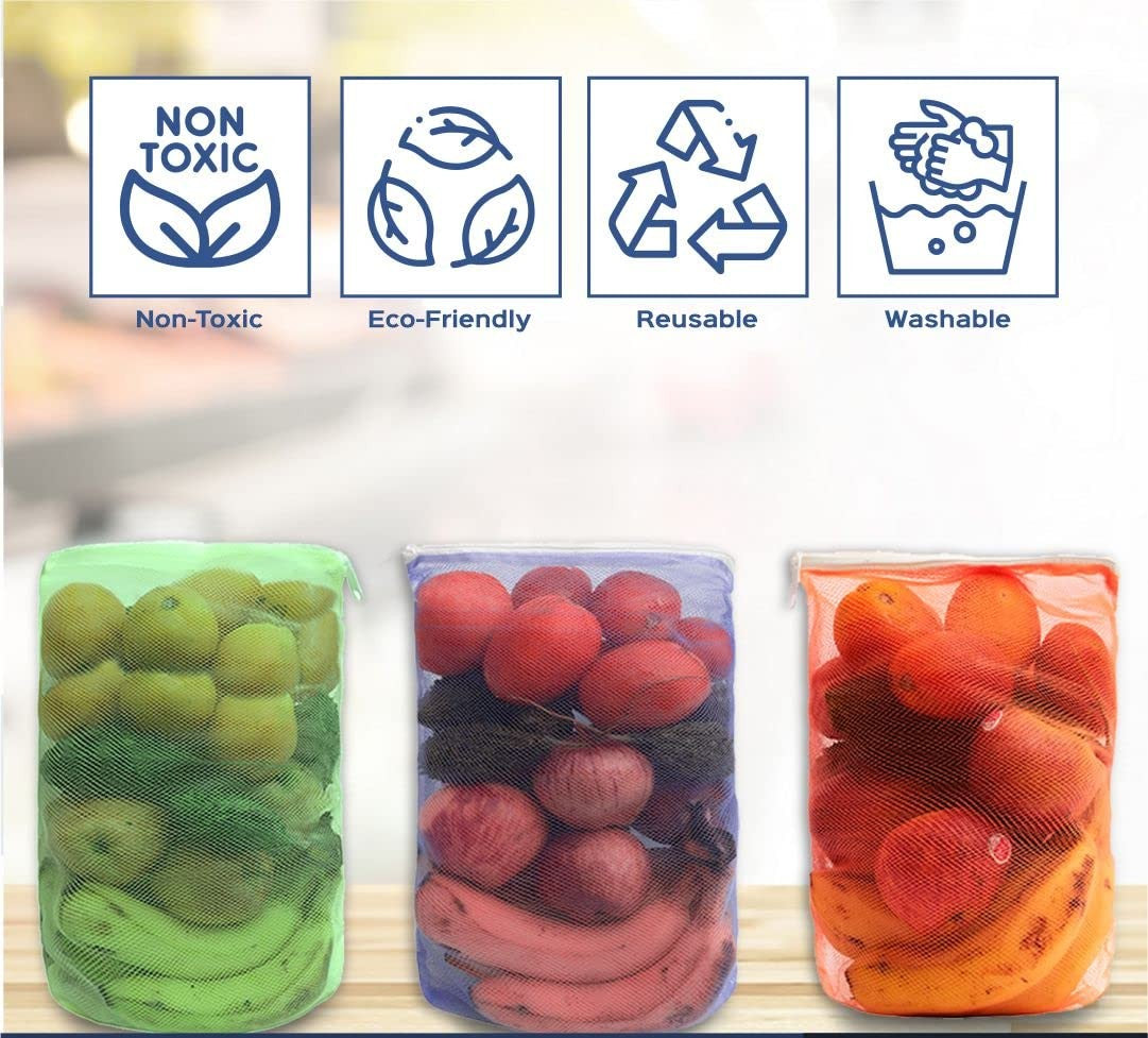 Set of 12 | Mesh Fridge Storage Zipper Bags | Reusable For Fruits And Vegetables | (Multicolour, Standard)