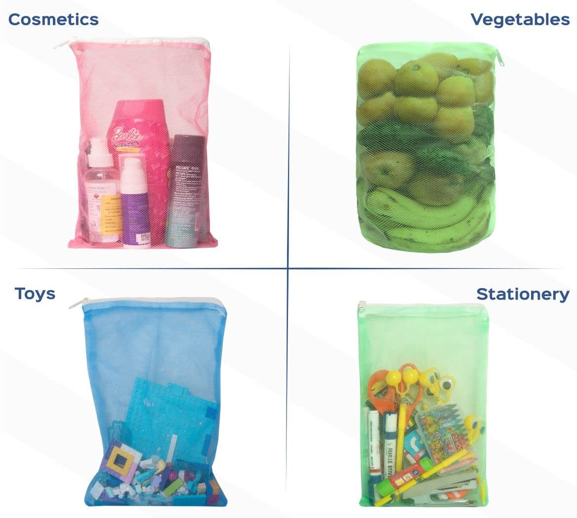 Set of 12 | Mesh Fridge Storage Zipper Bags | Reusable For Fruits And Vegetables | (Multicolour, Standard)