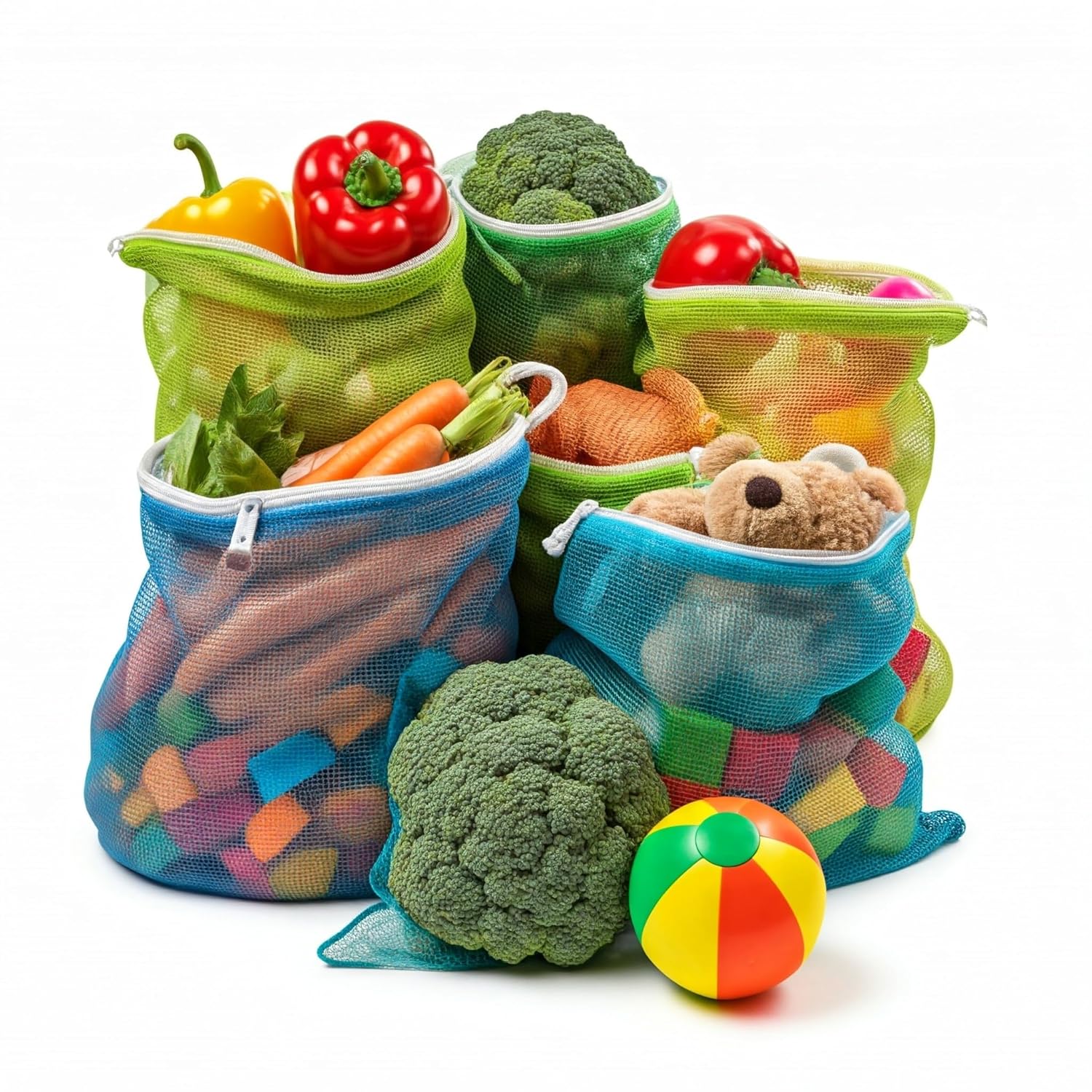 Set of 12 | Mesh Fridge Storage Zipper Bags | Reusable For Fruits And Vegetables | (Multicolour, Standard)